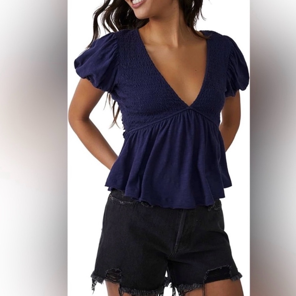 Free People Charlotte evening eclipse Smocked V-Neck Peplum Top with Tie Back